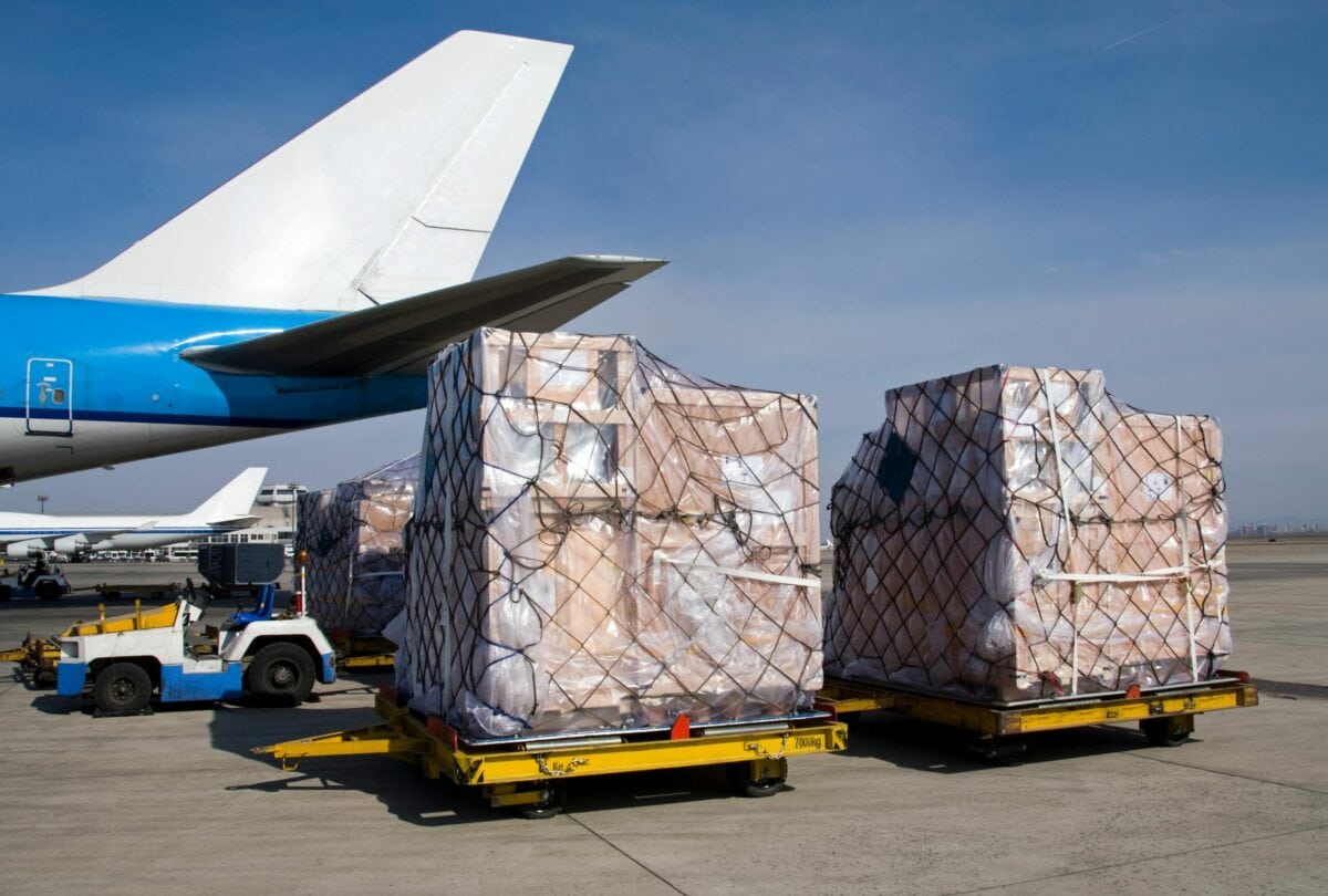 Palletized air cargo waiting to be loaded onto a freighter aircraft