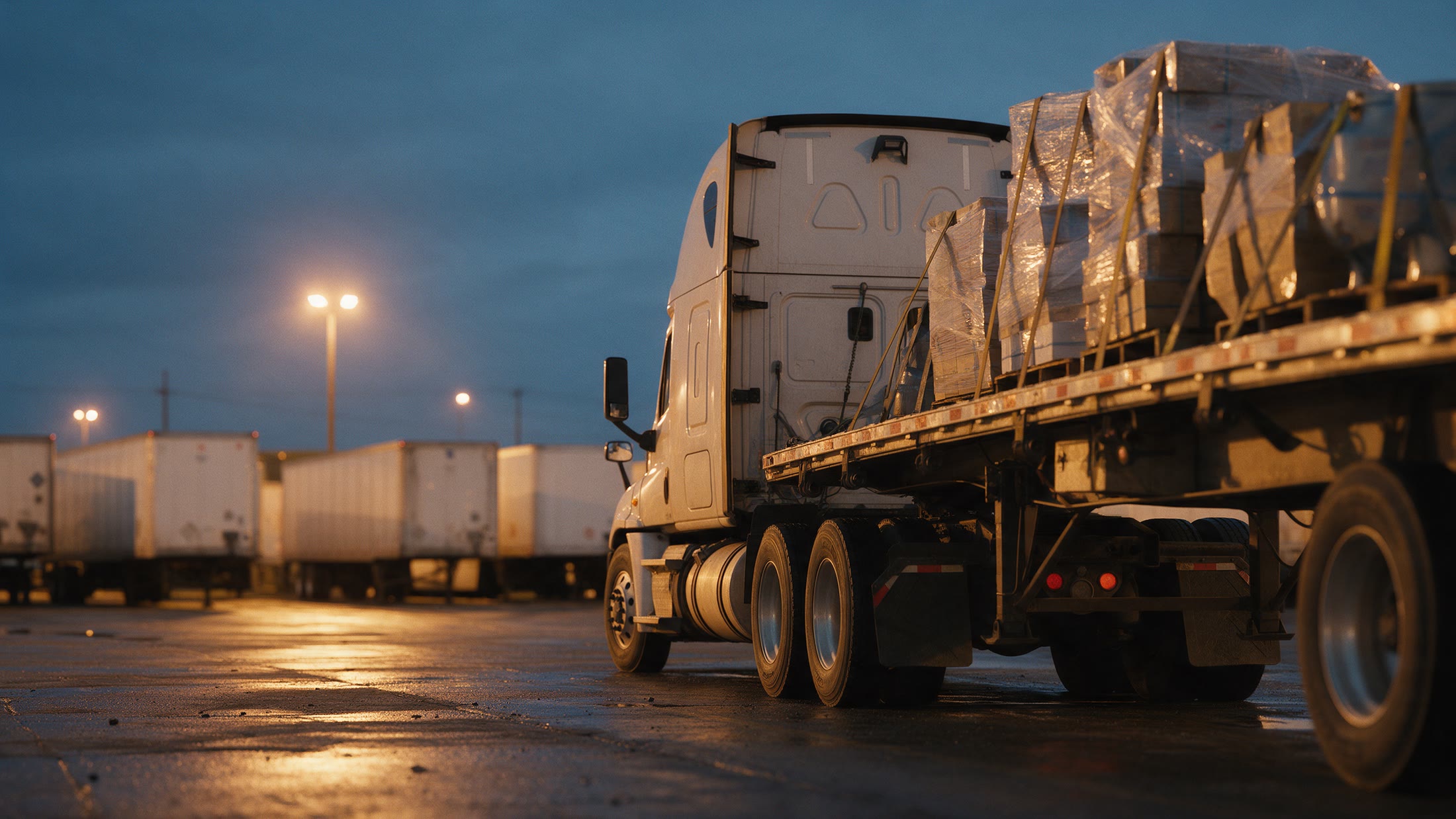 Tractor unit with a loaded flatbed trailer staged in a carrier yard at night