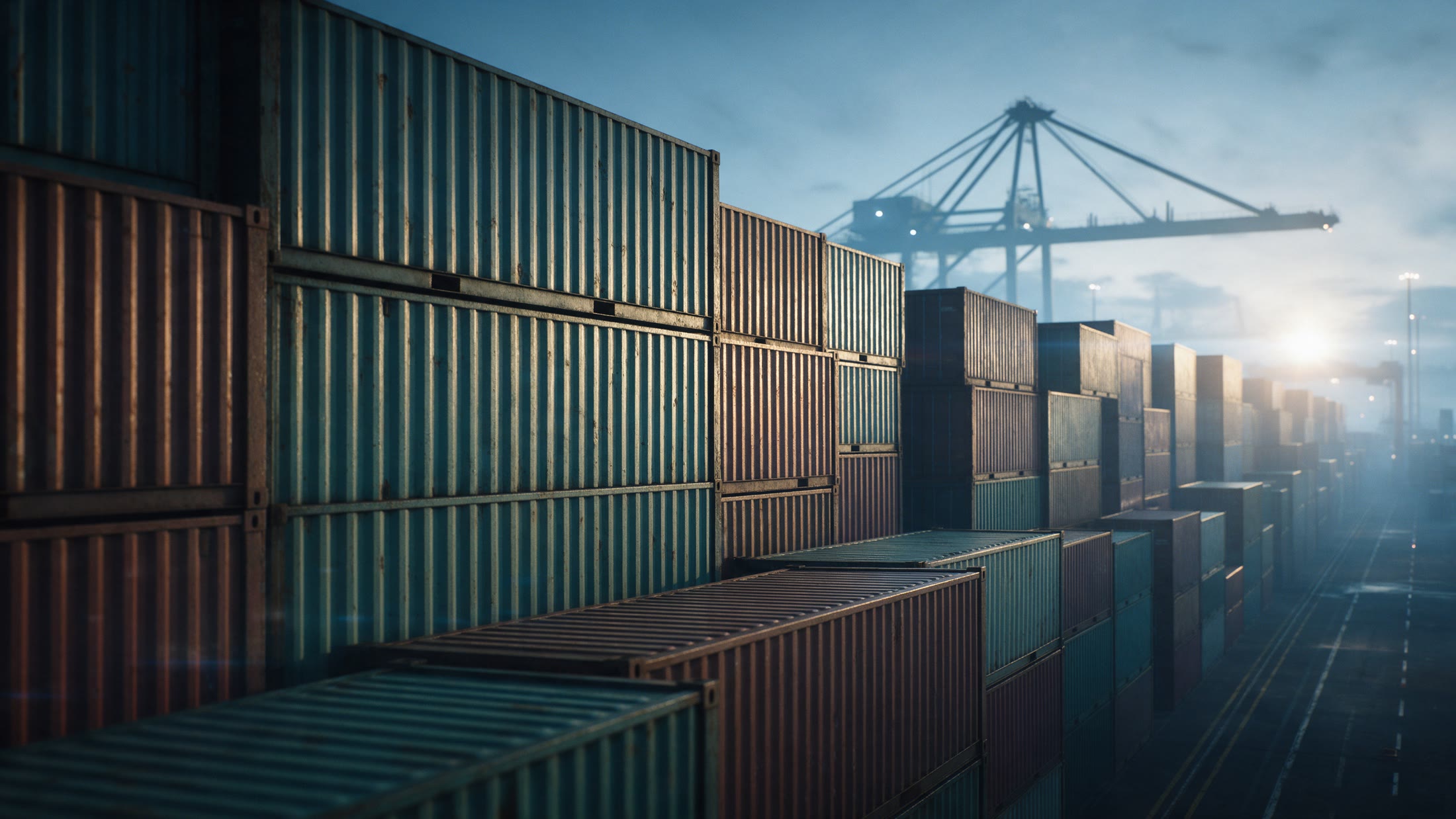 Stacked shipping containers at a port terminal with a gantry crane behind