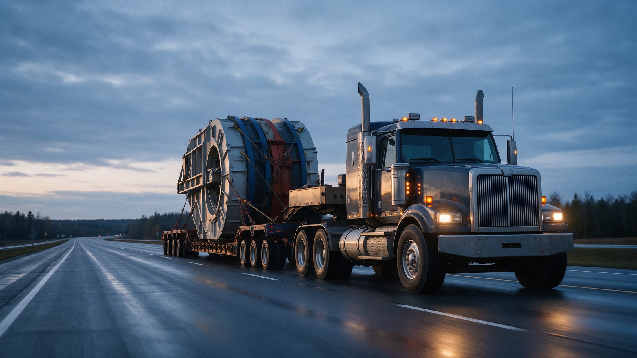 Tractor unit hauling an oversized industrial load on a multi-axle trailer at dusk