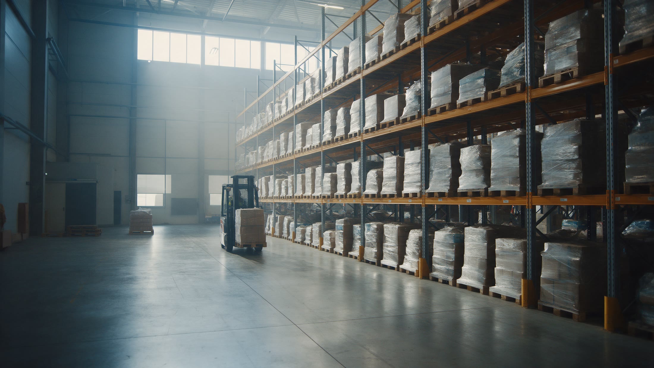 Pallet racking stacked with shrink-wrapped freight inside a distribution warehouse