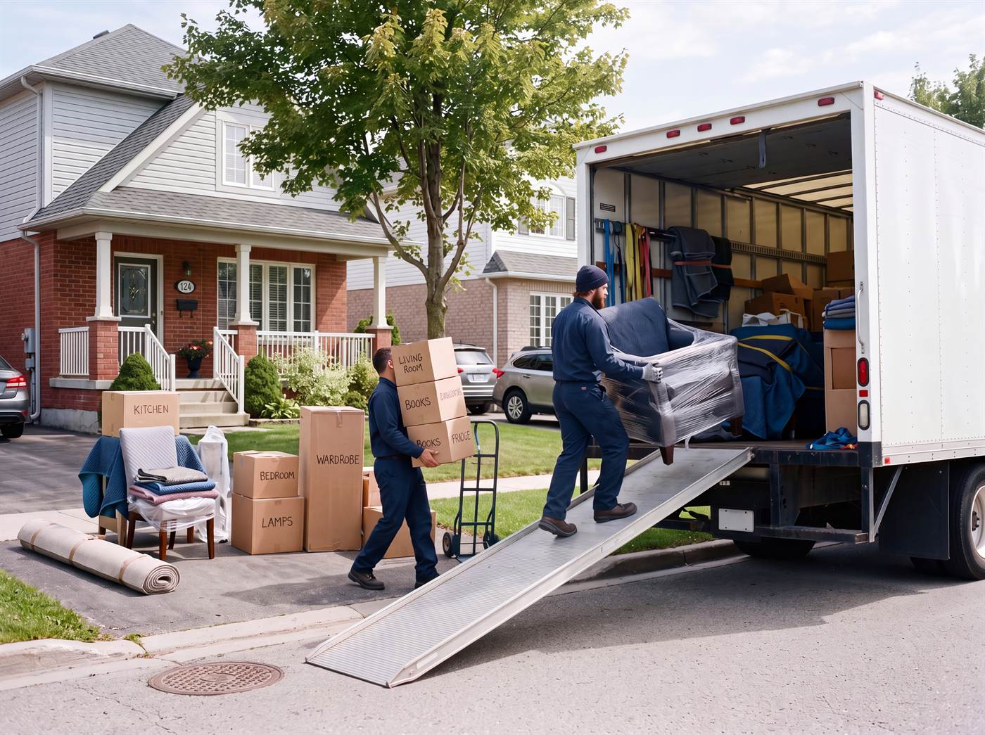 Movers loading labelled cartons and wrapped furniture into a moving truck outside a family home