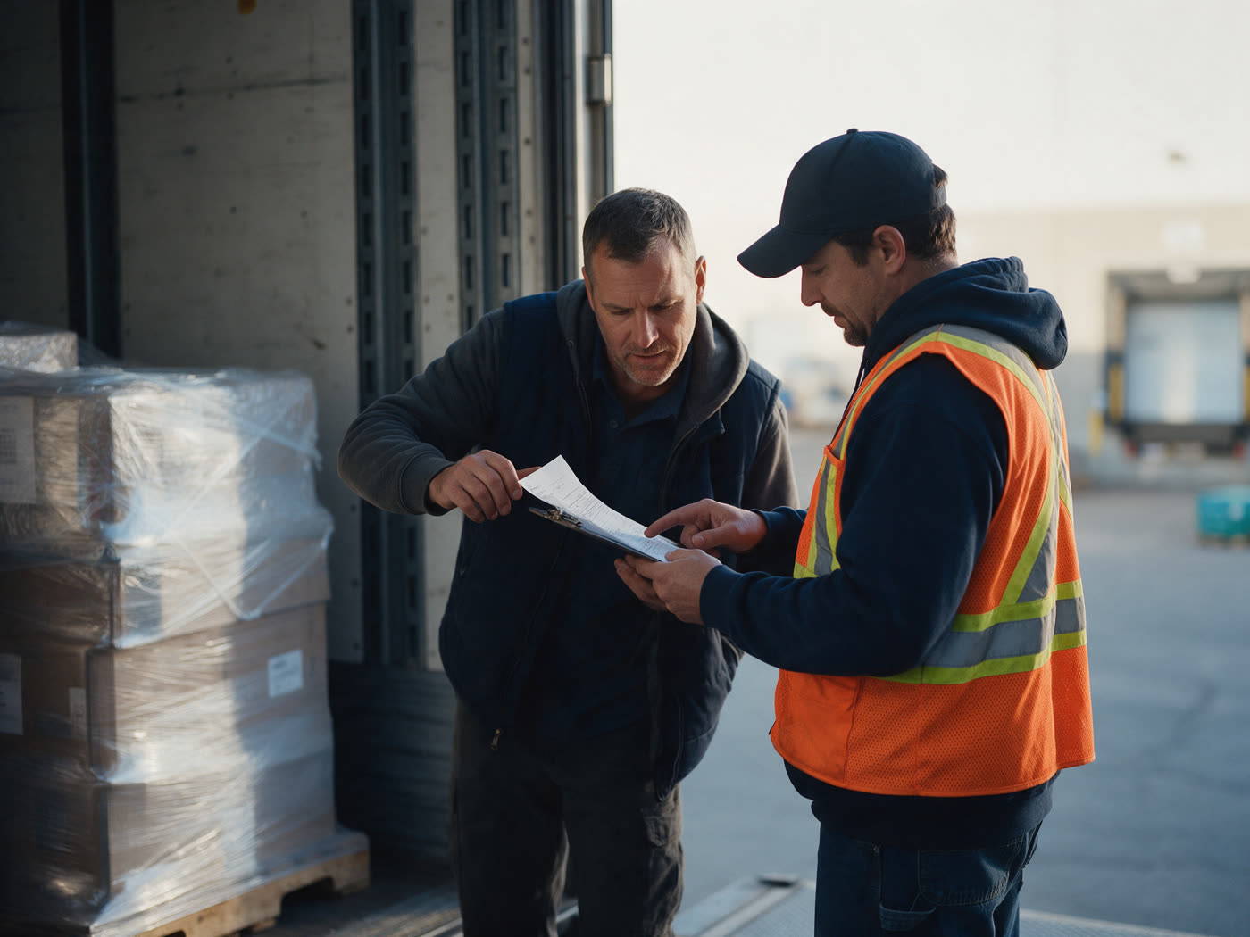 Driver and warehouse worker checking the delivery note at the dock